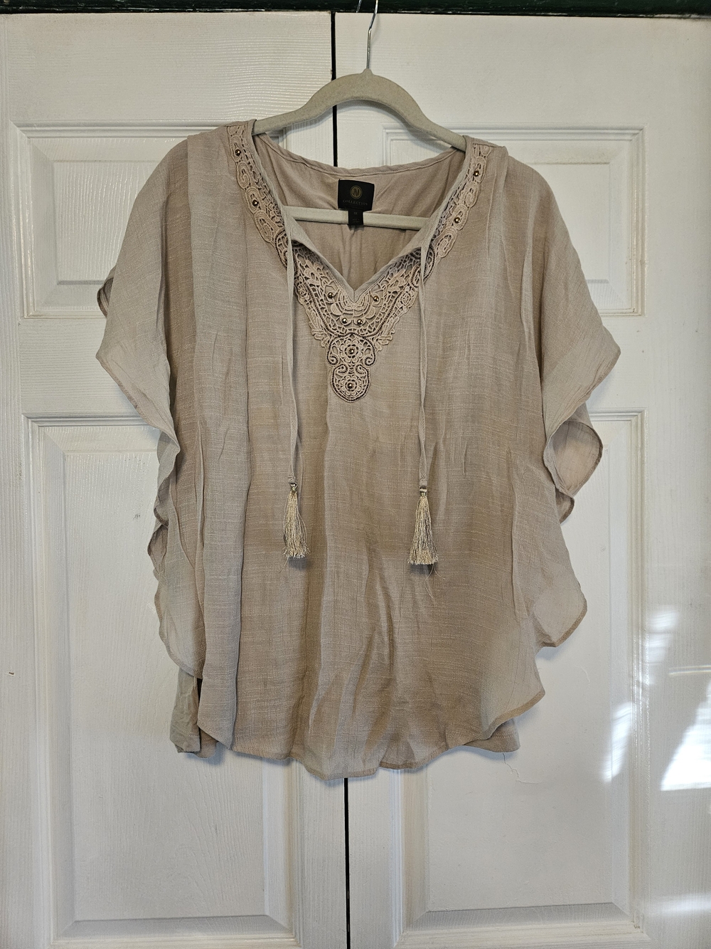 Women's Beige Embroidered Tassel V-Neck Top